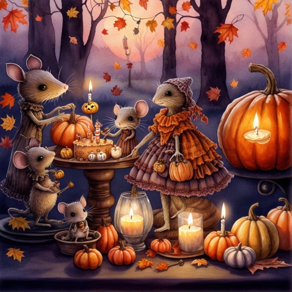 Mice Celebrate Autumn Birthday in Twilight Magic