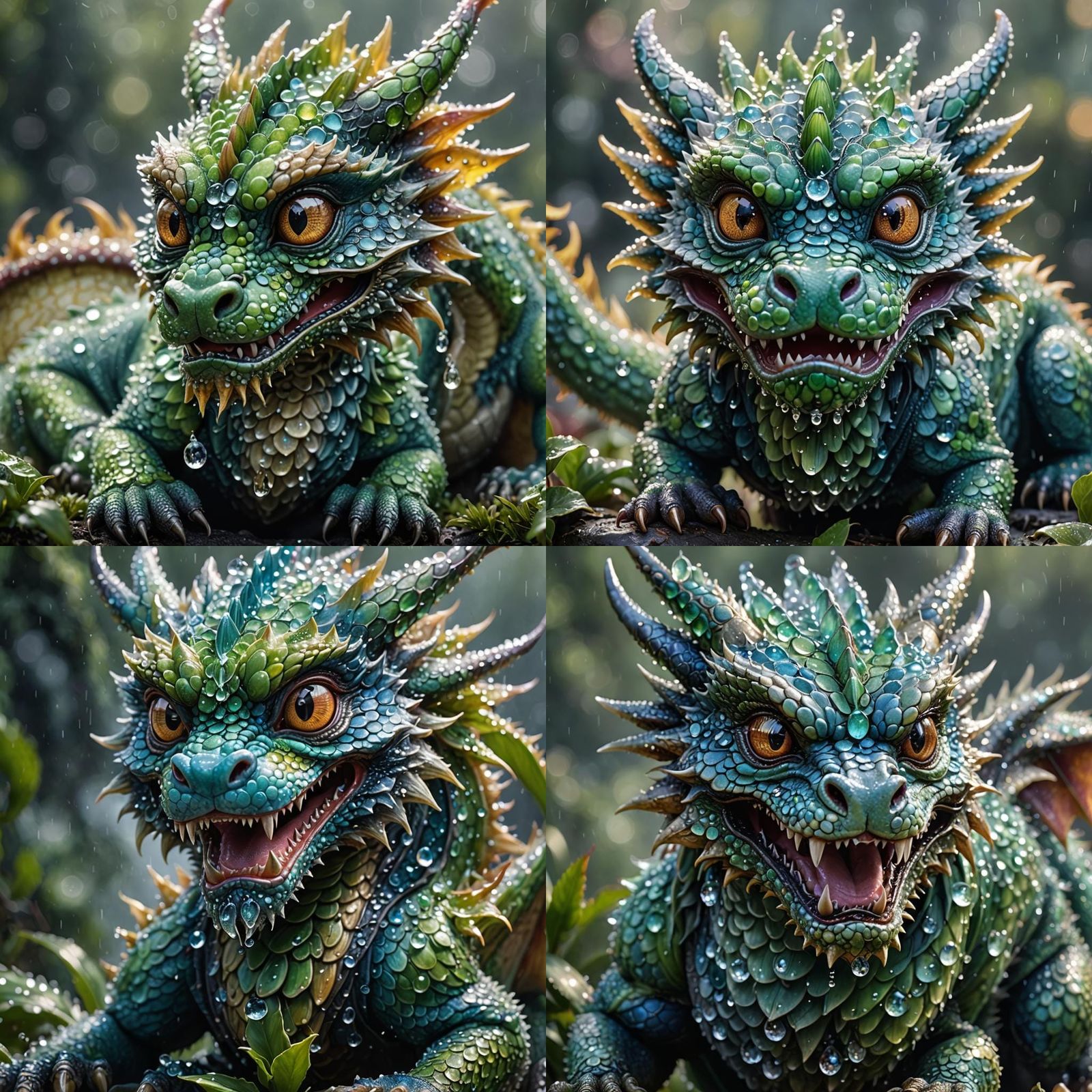 a baby Chinese dragon covered with dewdrops, extreme close-u...