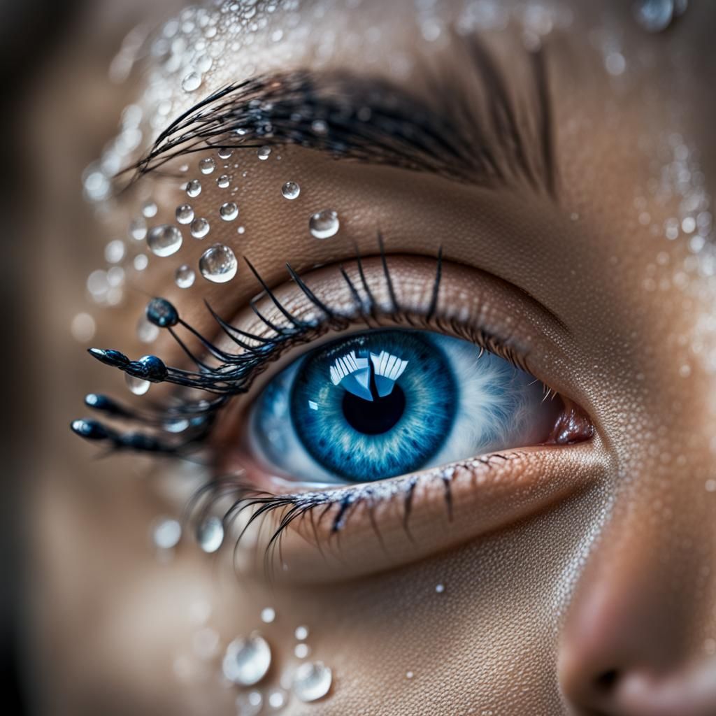 closeup of a blue eye with rain drops on her eyelashes

  by @undefined