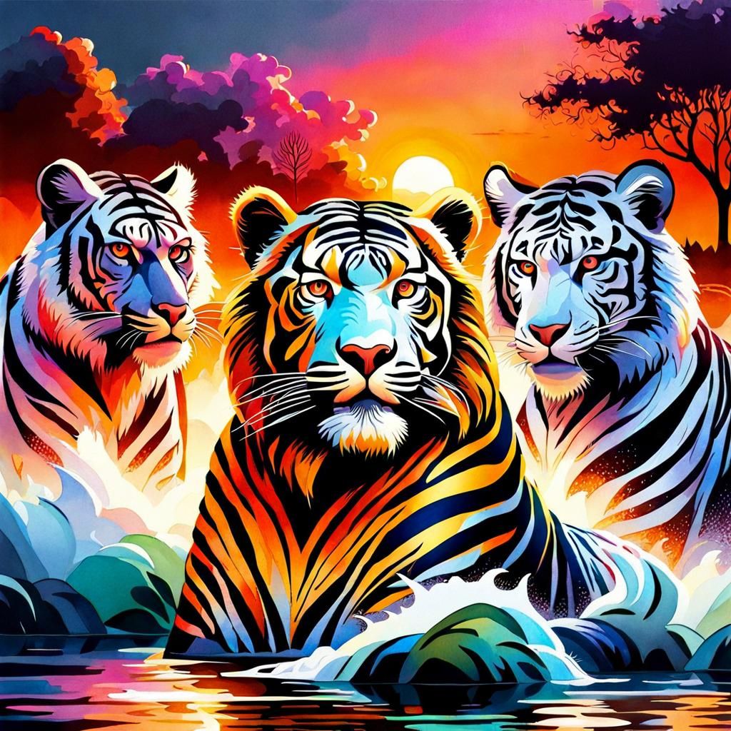 "Beutiful tigers, bathing in a steamy River, at sunset, in D...