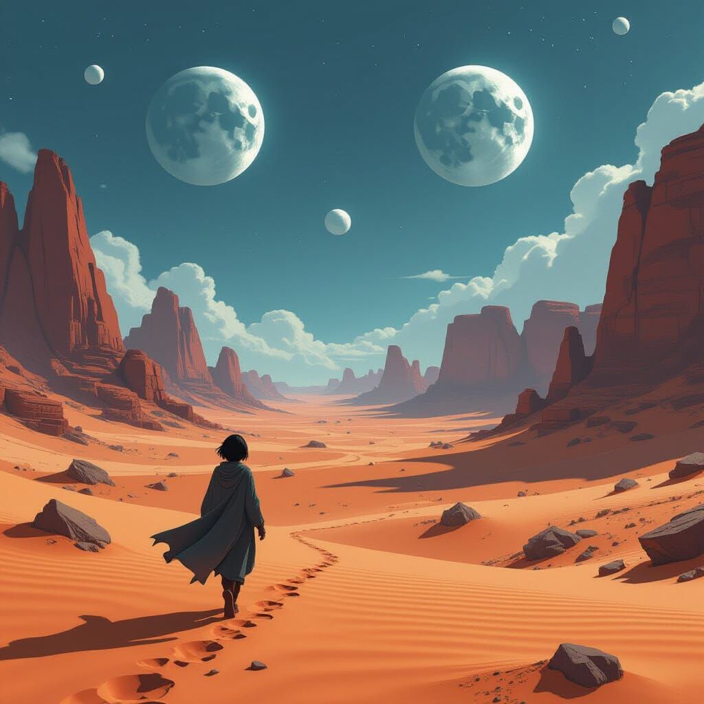 Lone Wanderer in Alien Desert Under Twin Moons