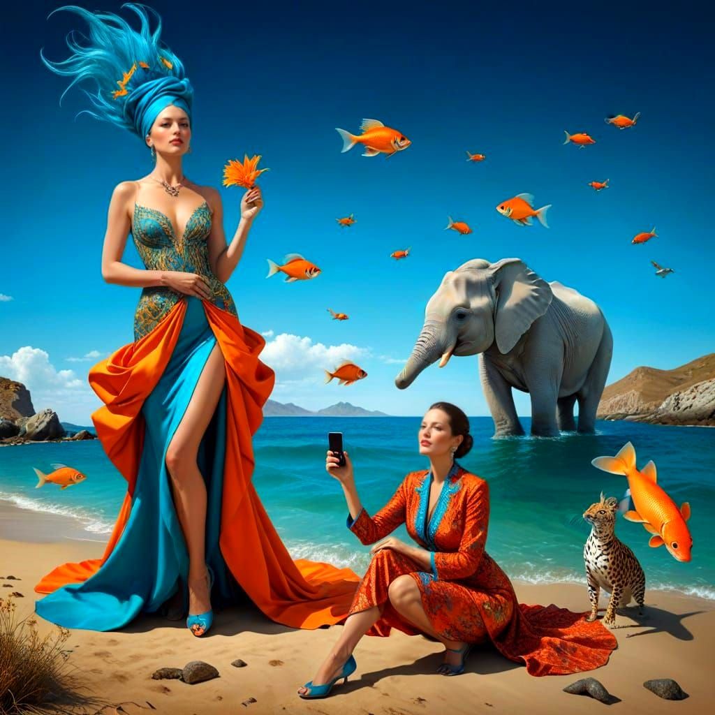 Surreal Ladies and Creatures in Vibrant Landscape