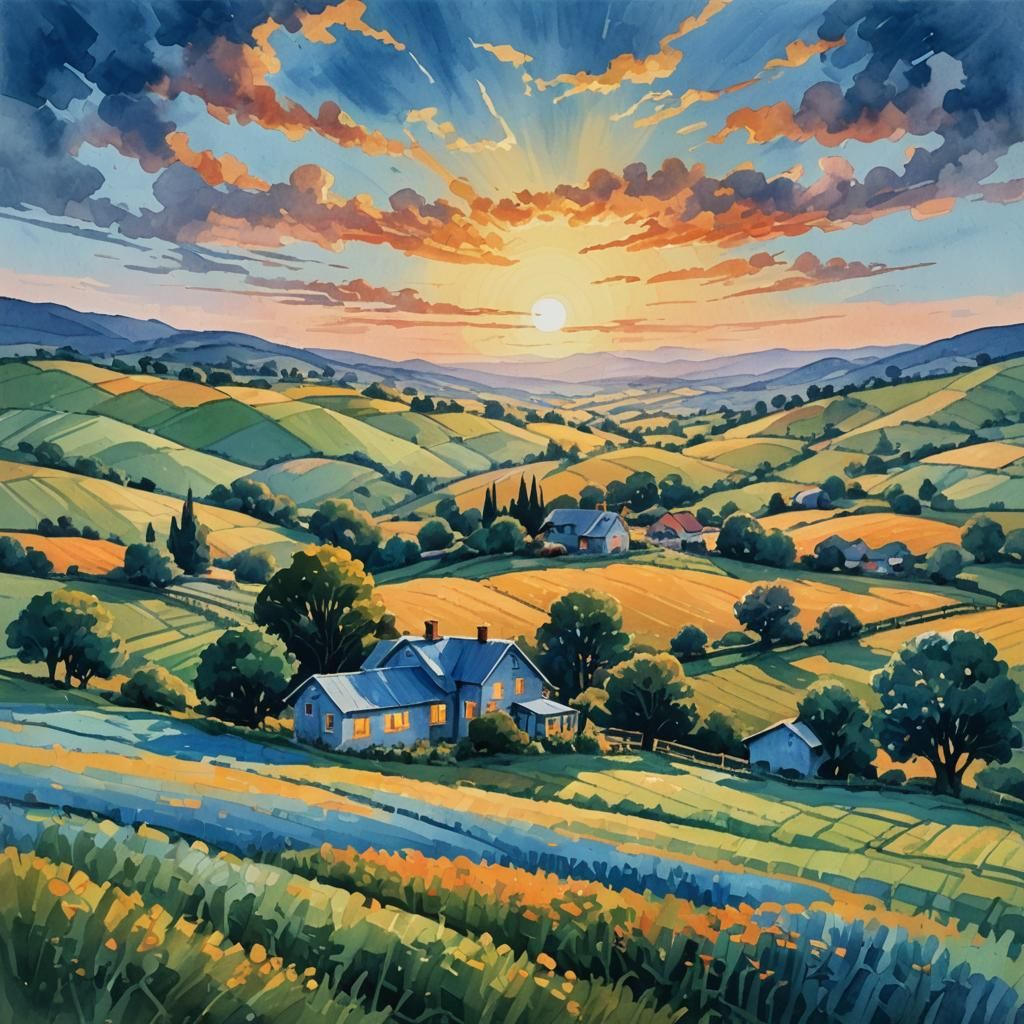 Countryside Sunset: Gouache Impressionist Farmhouse Painting