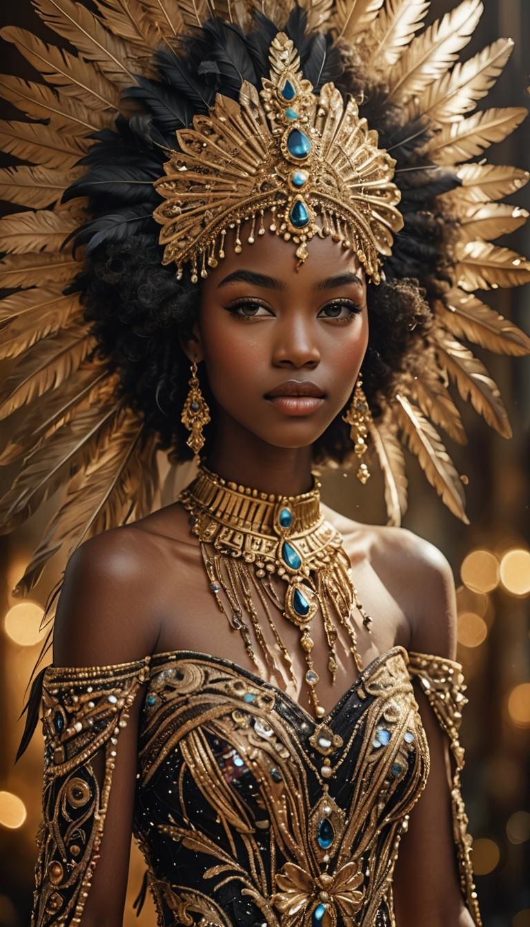 A young Ebony woman wears an intricate head dress. Feathers, beads, and ...