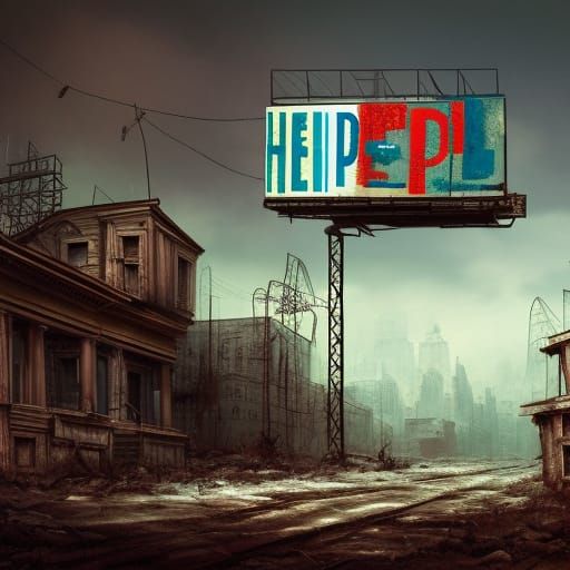 The text phrase "Help" on the billboard of an an abandoned, ...
