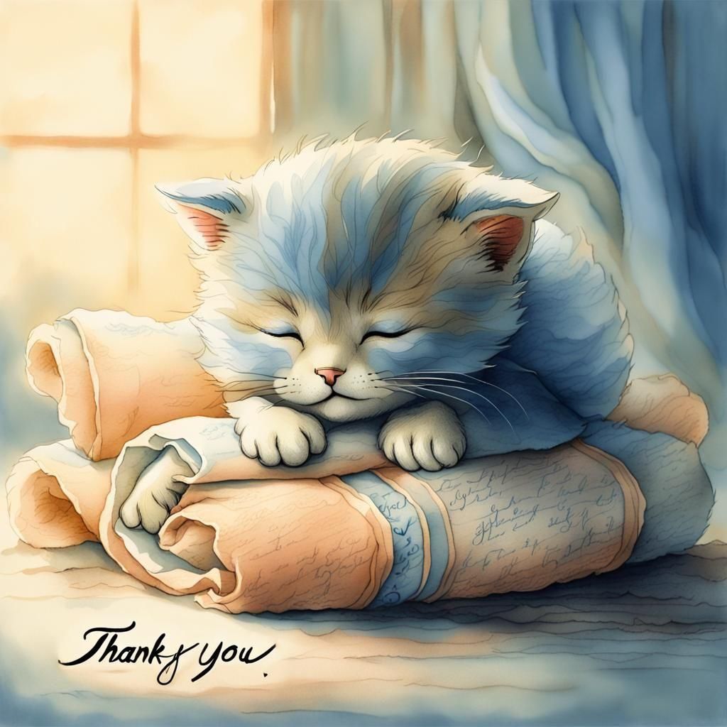 Cartoon style Super cute fluffy young kitten curled up asleep, sign saying’Thank you’ in beautiful script beside it. 