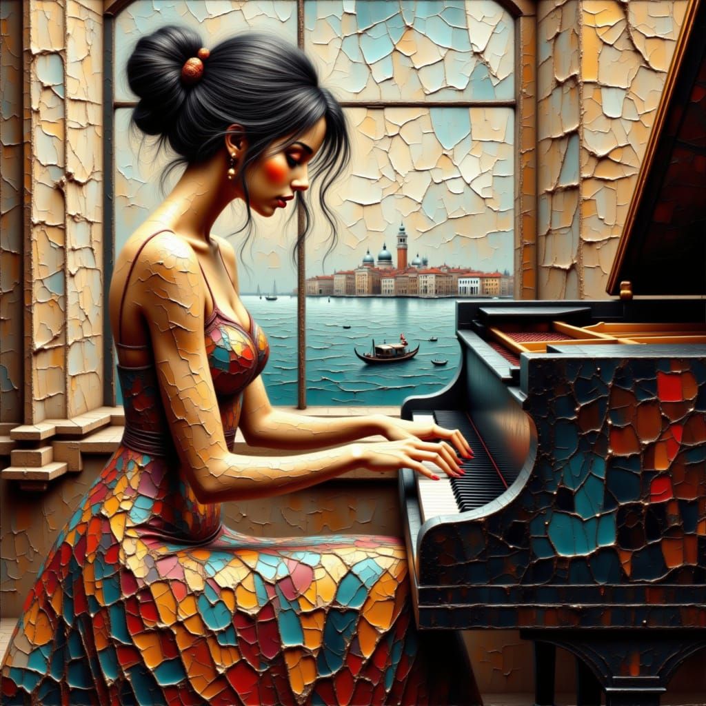 Art on cracked paper. The color palette is Alabaster, Rusty Red, Dark Taupe, Baby Blue, Strong Cyan and Gunmetal. 3D, deep focus, 8k. Mixed ...