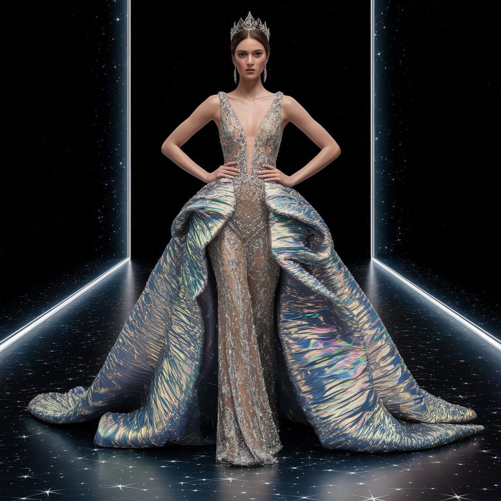 A stunning fashion model, embodying regal elegance, poses on a runway made of solidified starlight. Her sleeveless gown is a cascade of irid...
