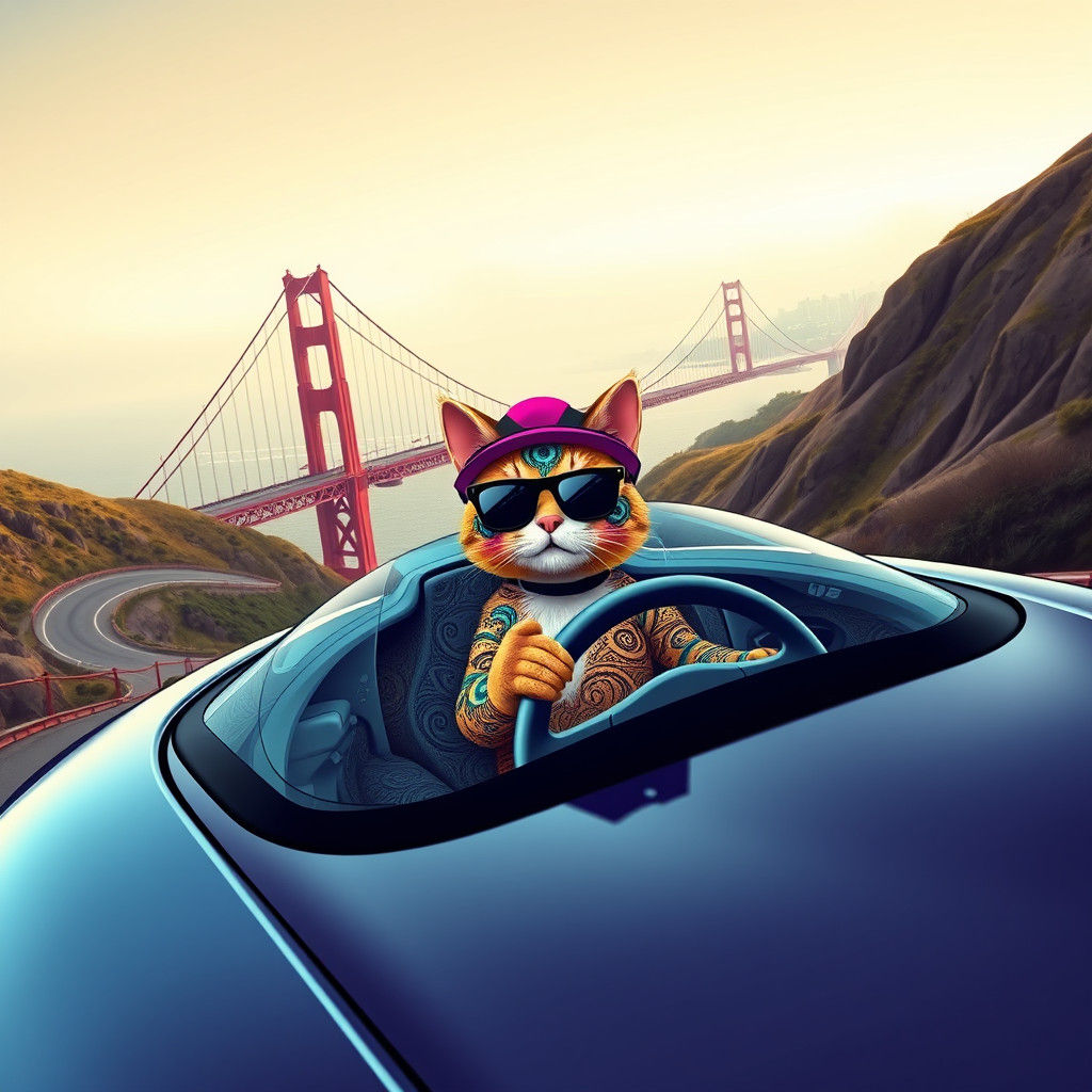 A cat driving in San Francisco