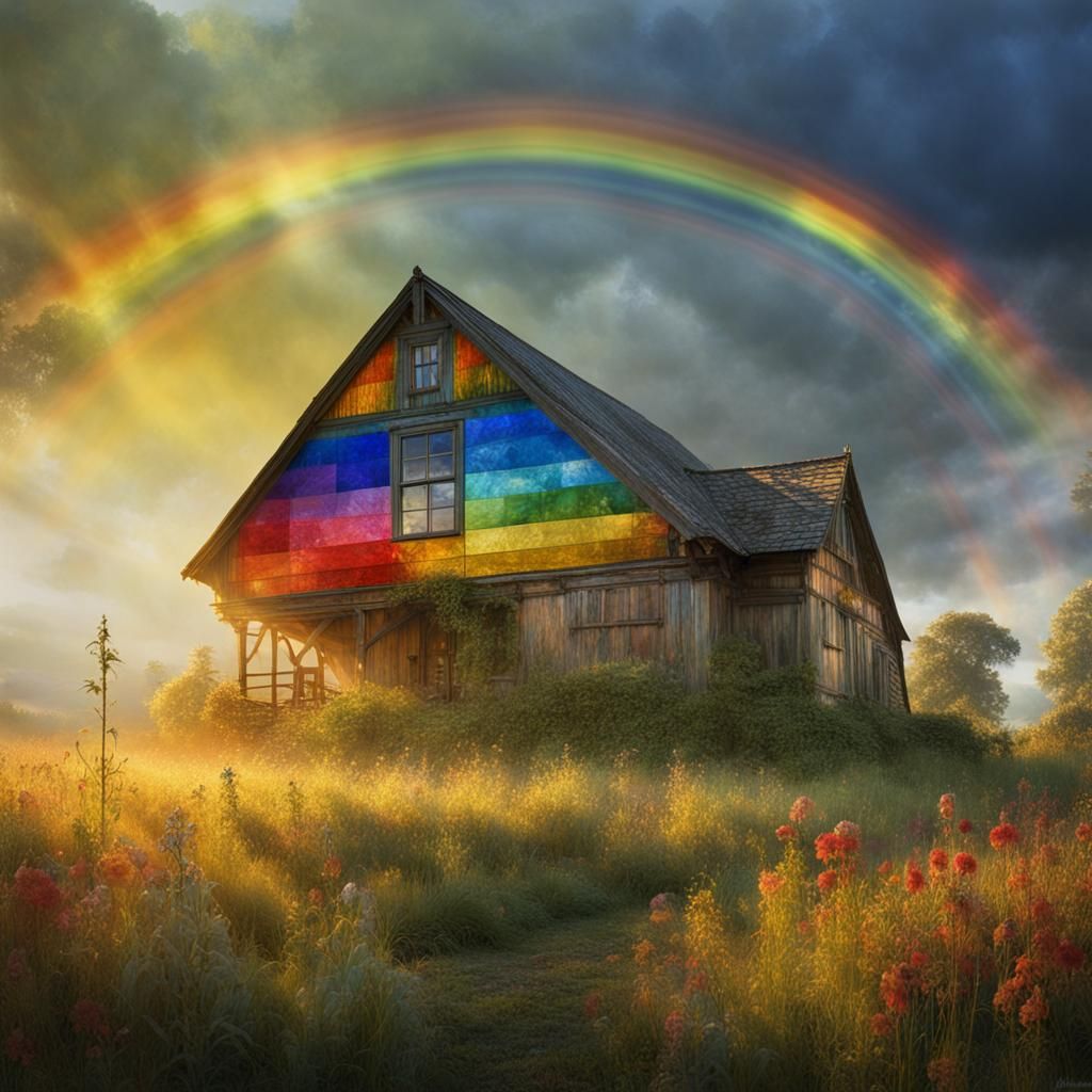 Ornate glass rainbow, rainbow Pride flag, myst, meadow in th...