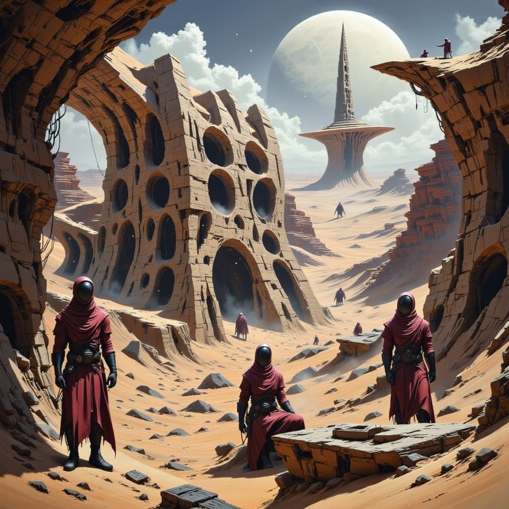 <lora:Arrakis:1.0> <lora:Badlands Flux:1.0> An image of the brutalist retrofuturistic temple, where cloaked figures in burgundy robes are me...