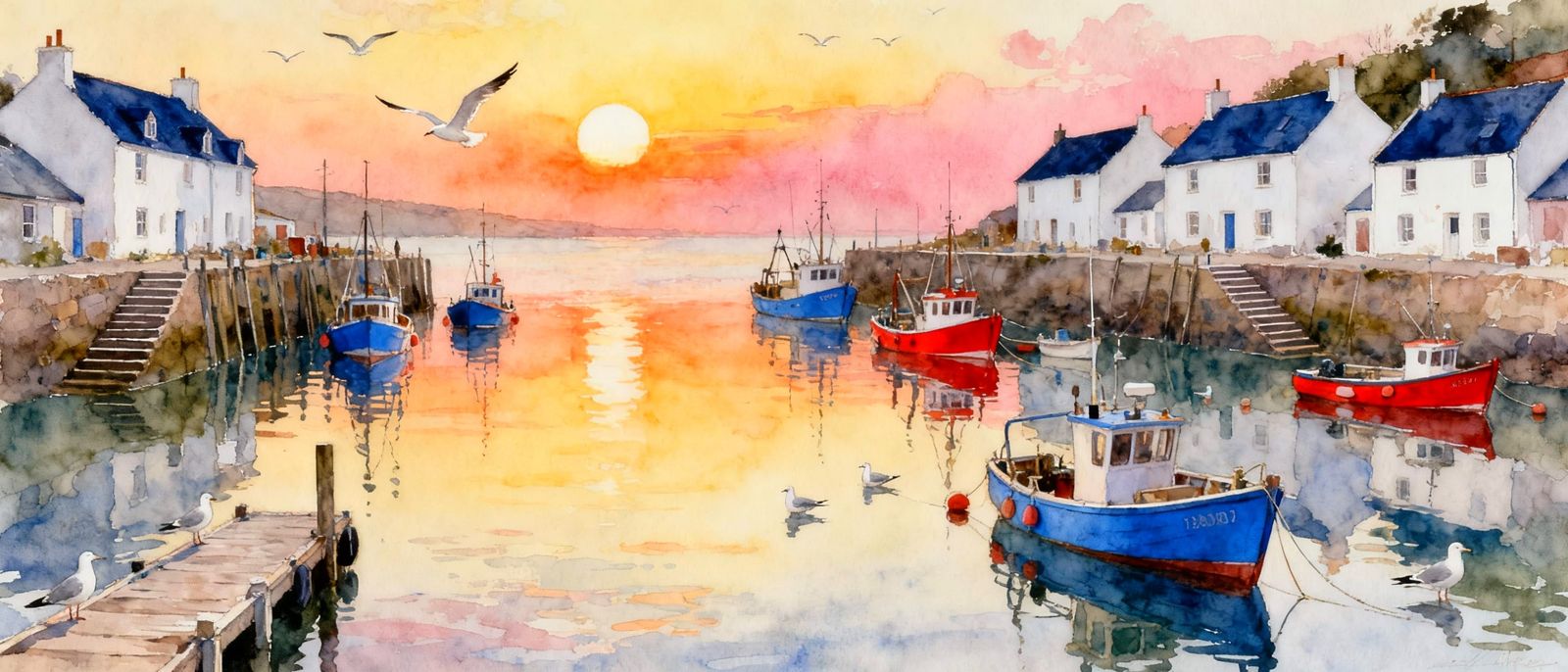 A watercolor painting of a serene coastal scene at sunset.  by @kirra-anne-ramirez