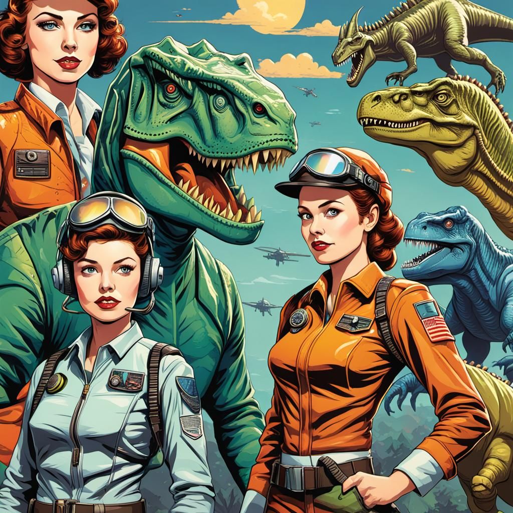 Binary Code Dream, Pin-up pilot, dinosaur  co-pilot, dinosau...