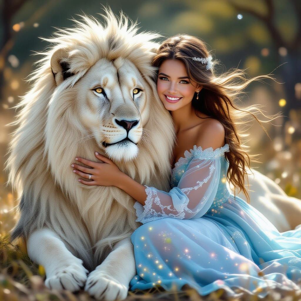 Woman sitting affectionately holding a big white Lion