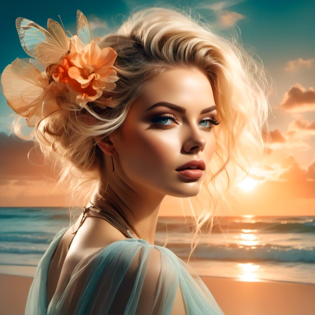 <lora:Dreamy:1.0>gorgeous woman captured in a <lora:Folklore:1.0>double exposure photograph, layers merging into a scene of a sunset beach,...