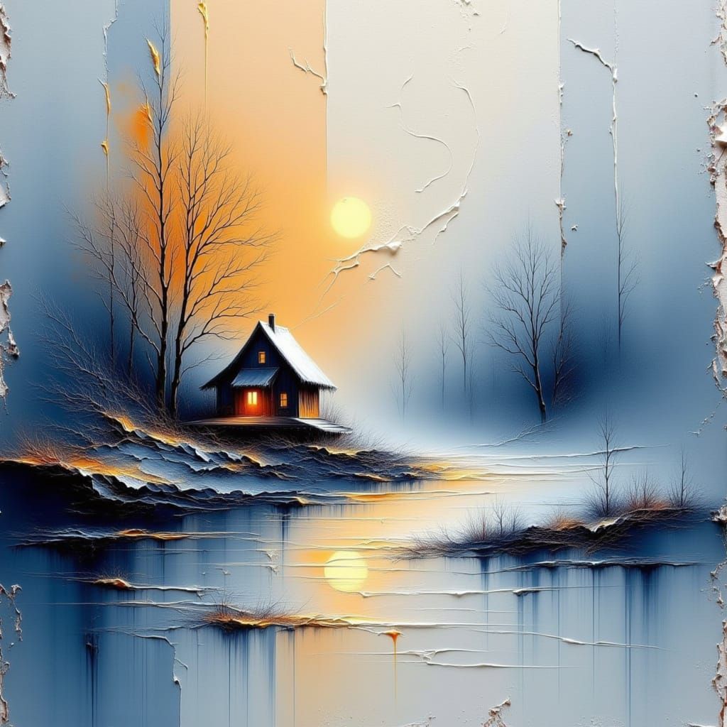 Dreamlike Watercolor Winter Hut in Mist