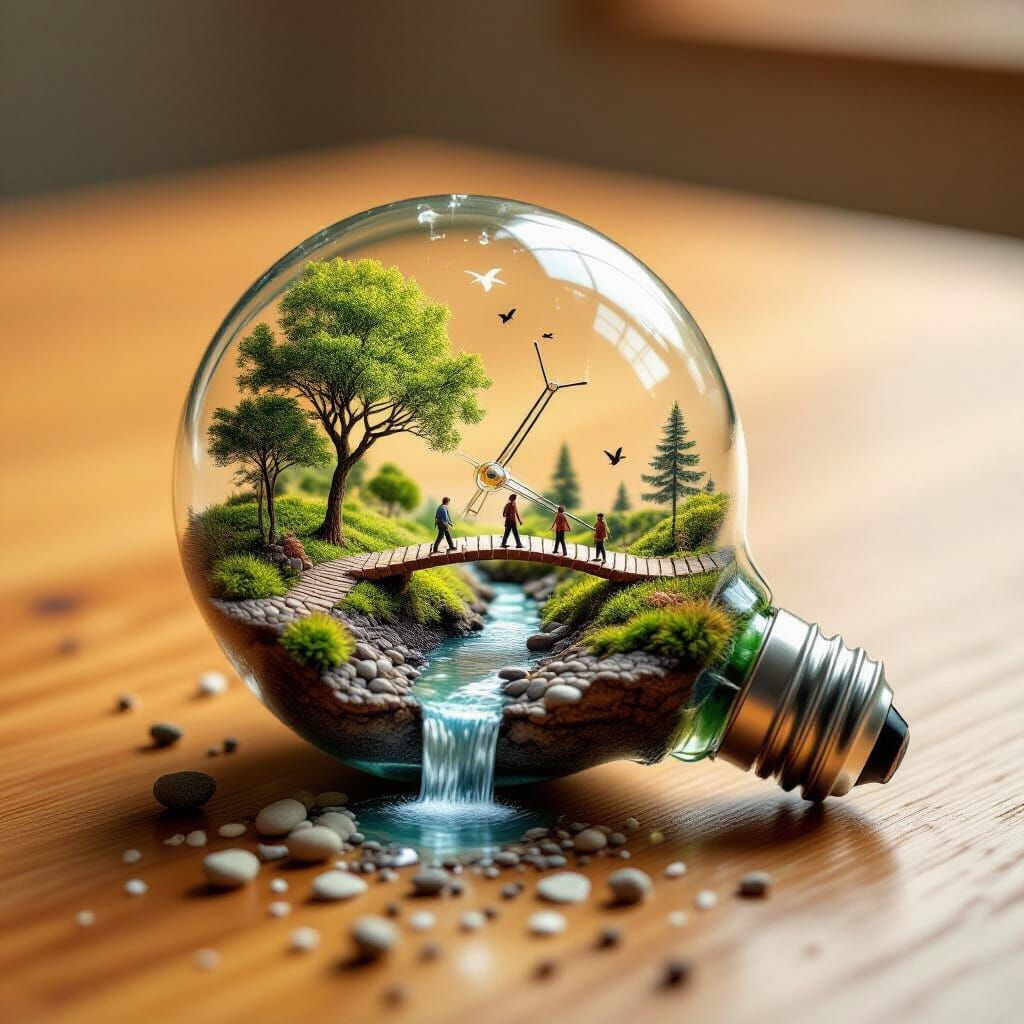 Miniature World Inside Broken Lightbulb on Wood Table