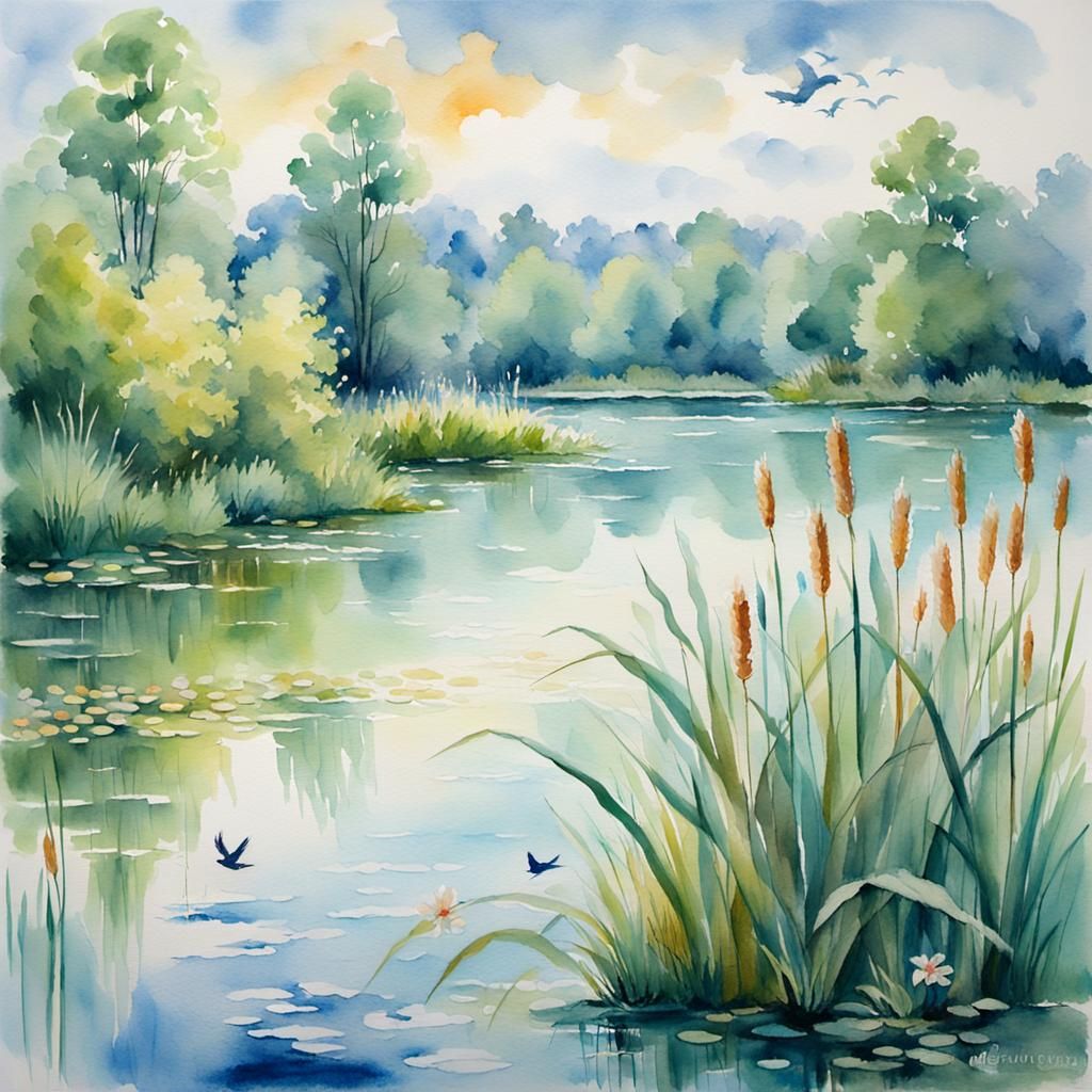 Impressionist Watercolor River Scene with Birds