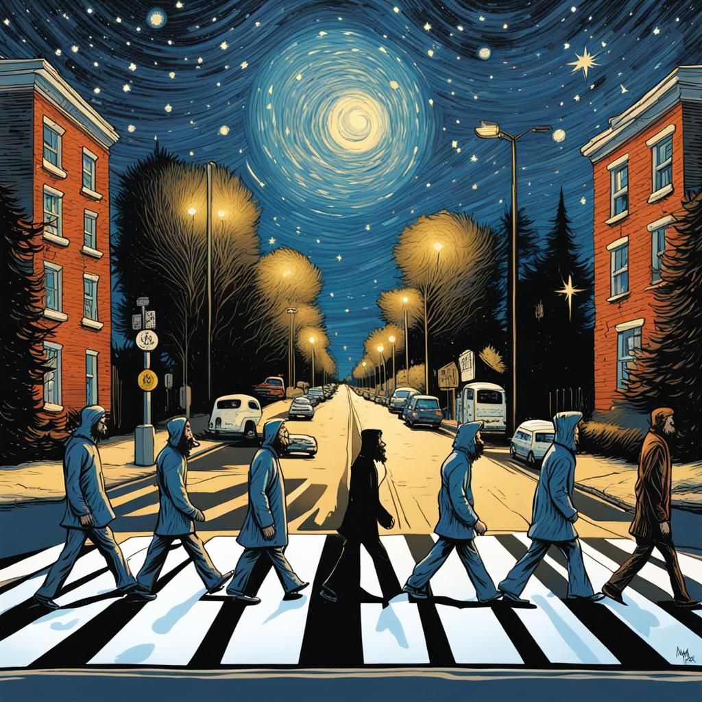 SANTA WALKING ON ABBEY ROAD WITH STARRY NIGHT SKY VIEW ART V...