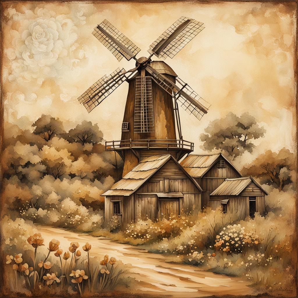 Antiqued Windmill Composition - AI Generated Artwork - NightCafe Creator