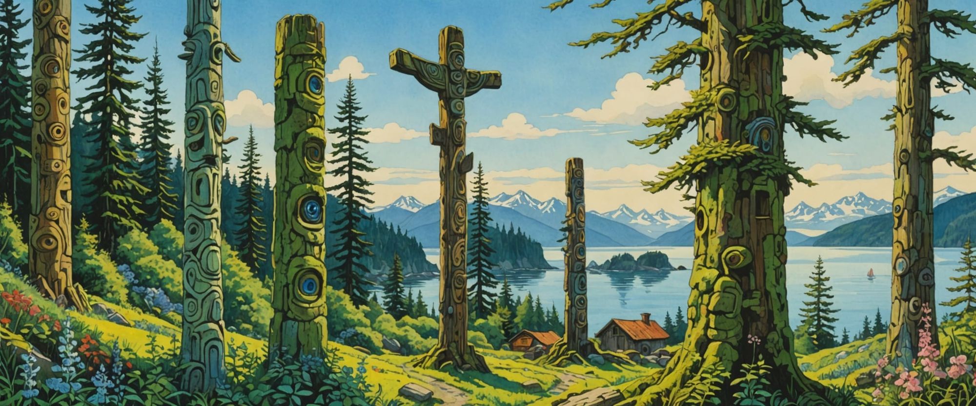 totem poles on the coast, british columbia canada, spruce, vines, ferns, flowers, moss, light, bright, cheerful, clear early morning sunligh...