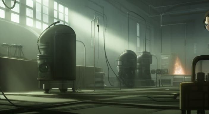 "Scientist in Small Laboratory in Deserted Dystopian City" b...