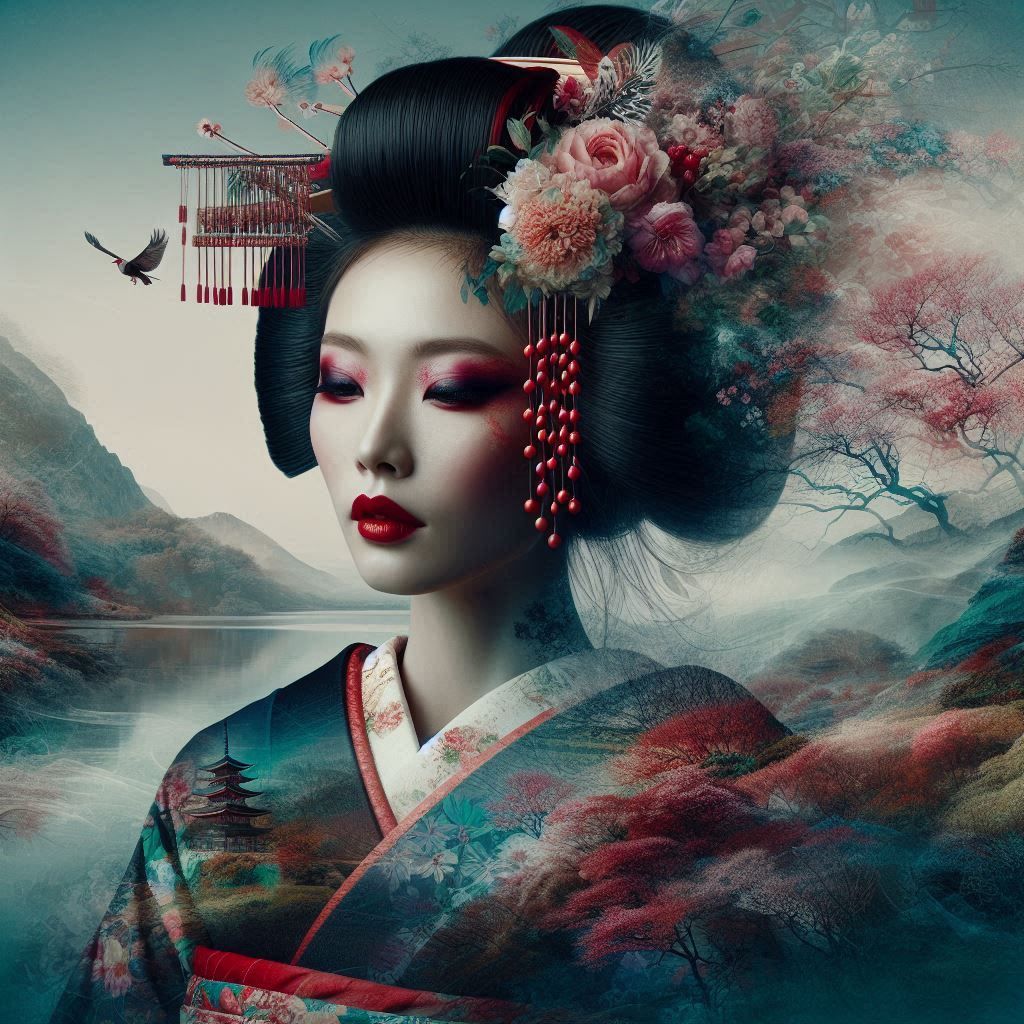 double exposure beautiful fantasy DALL-E 3 portrait landscape..