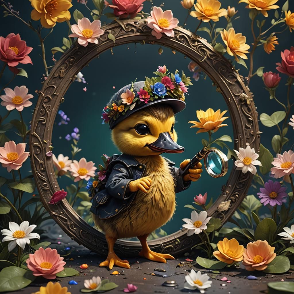 Spy duckling with a flower crown and magnifying glass