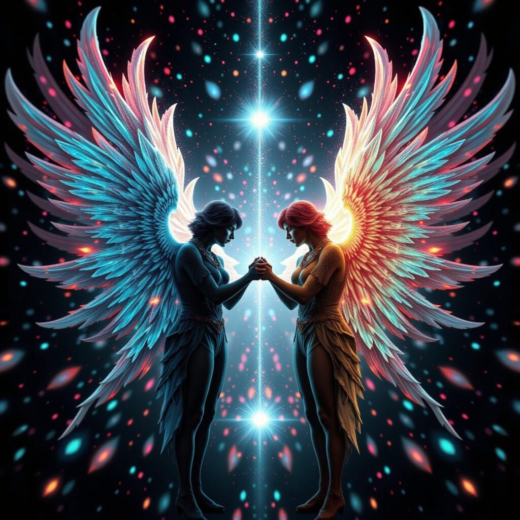 <lora:Heaven-or-Hell:1.0> Left Side: Chromacrypt Demonic. Referee separating the two as a center divider. Right Side: Aurasync Angelic