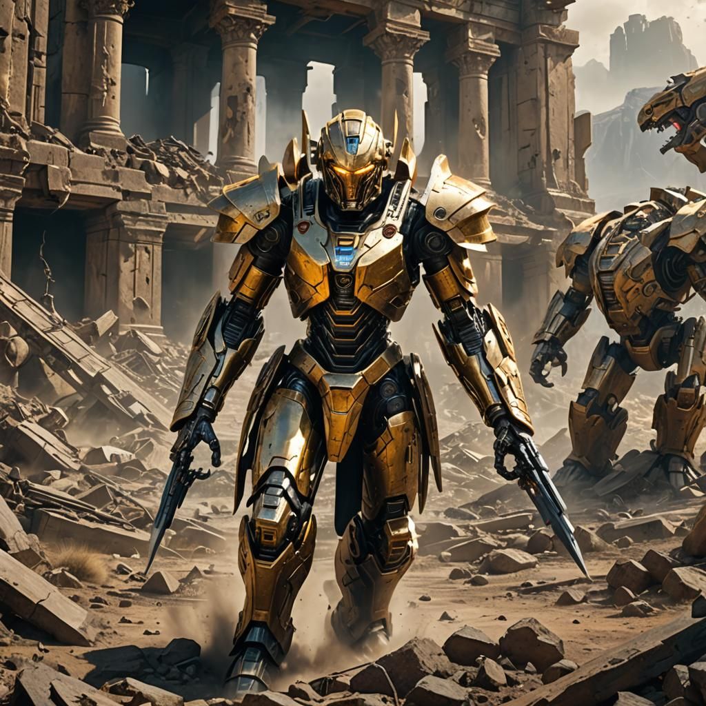 Futuristic Amazon warriors battle robotic Olympus gods