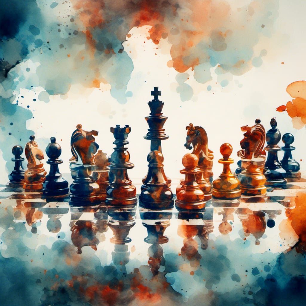 <lora:MJ6 Watercolor DE:1.0> double exposure of Chess pieces and chessboard on a white background, stock vector illustration, modern surrea...