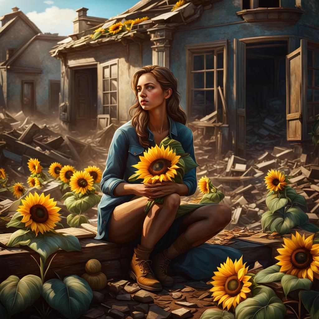 Sad young woman in the rubbles of what was her home  by @Joris