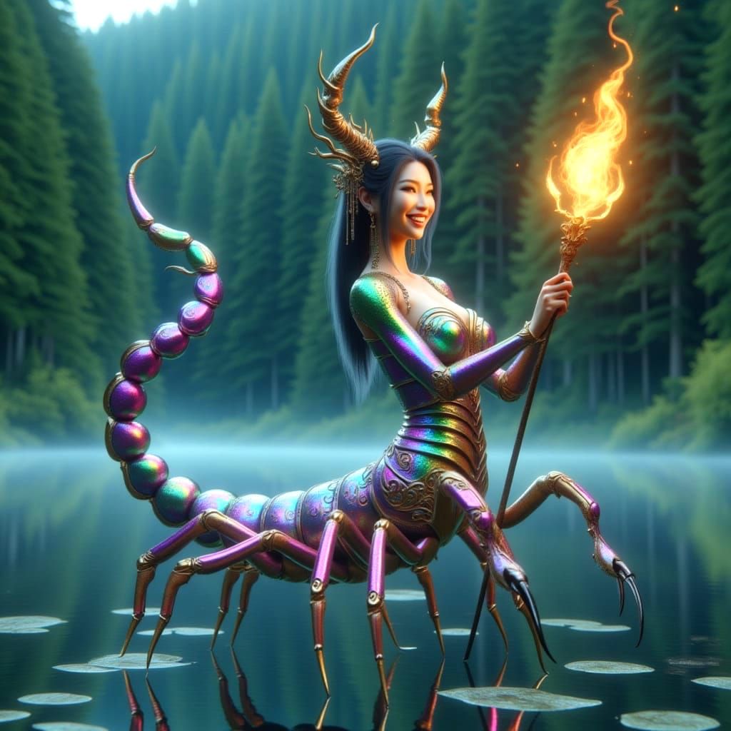 <lora:Hybrids:1.0> shimmering iridescent carapace side view full-body expressive emotional Asian masterpiece  Scorpio-centaur hybrid half-w...