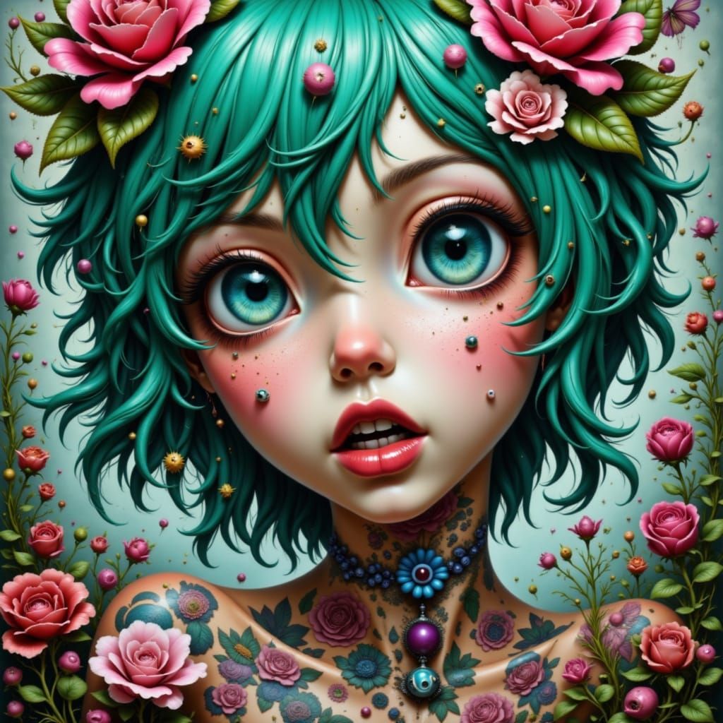 <lora:Surreal scenes:1.0> A close-up portrait of a young, anime-style female character with striking features, vibrant colors, and detailed ...