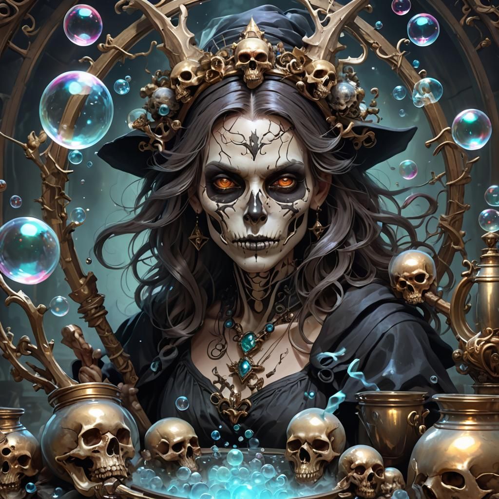 Frame made of skulls and bones, witch, cauldron with bubbles...