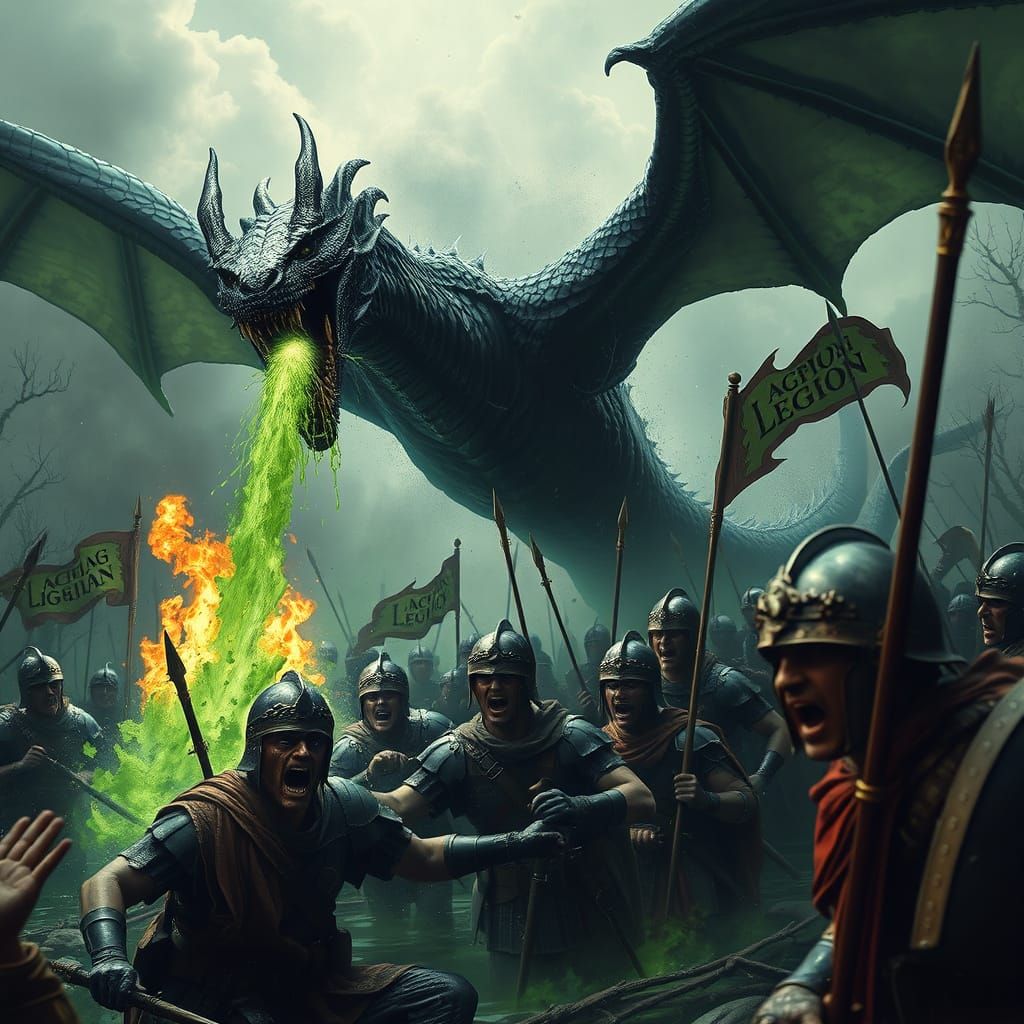 Black Dragon Dive Bombing a Medieval Army in a Swamp.