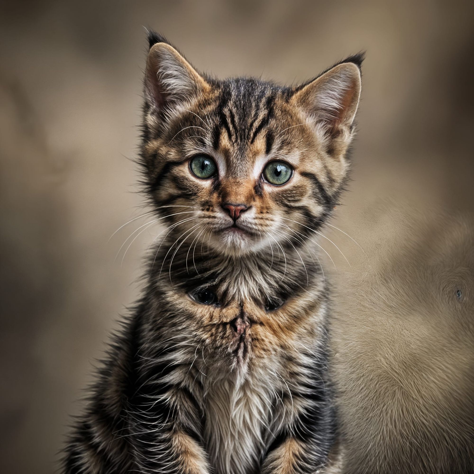 Tabby kitten portrait, realistic photo, dramatic lighting 