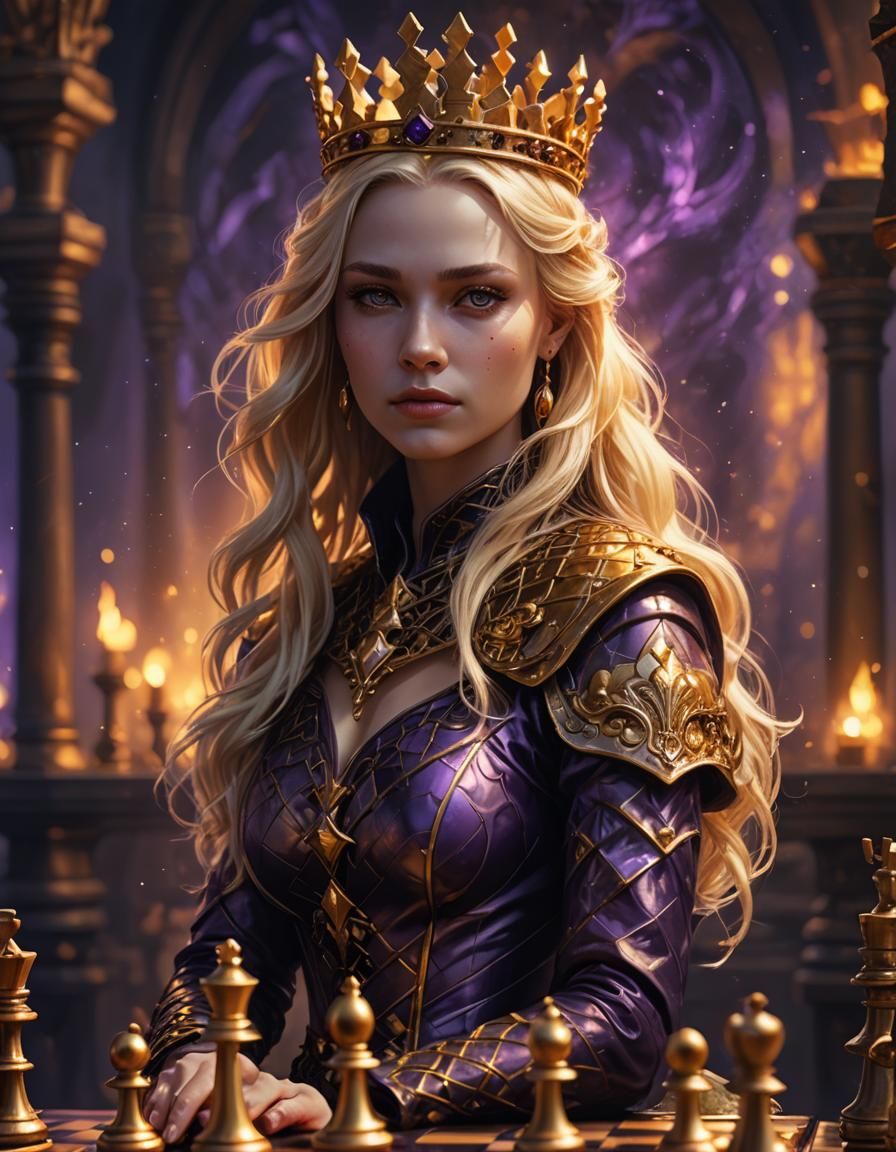 Dark fantasy concept art. Close-up. A blond young queen stands alone on an empty, ornate, golden 8x8 square chessboard. Deep focus on the ch...