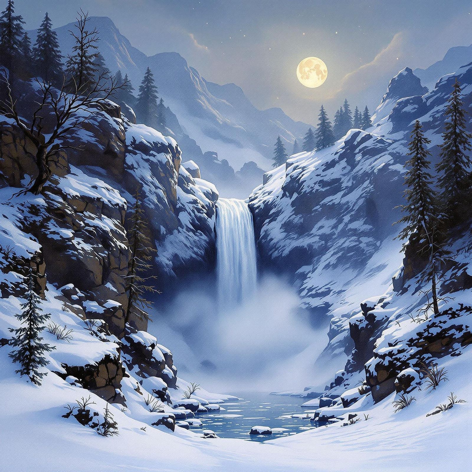 landscape with waterfall at night in winter  by @CJVF