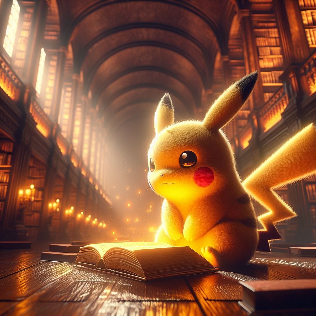 Pikachu reading a book inside an ancient library