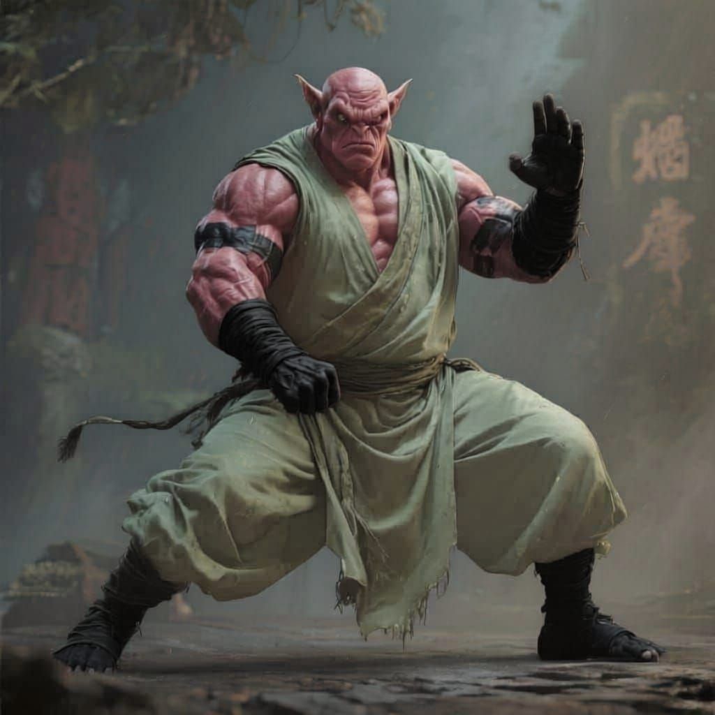 Hobgoblin monk of the order of the open hand from Dungeons and Dragons. Heavyset, muscular body. Dark green skin. Wearing black robes with c...