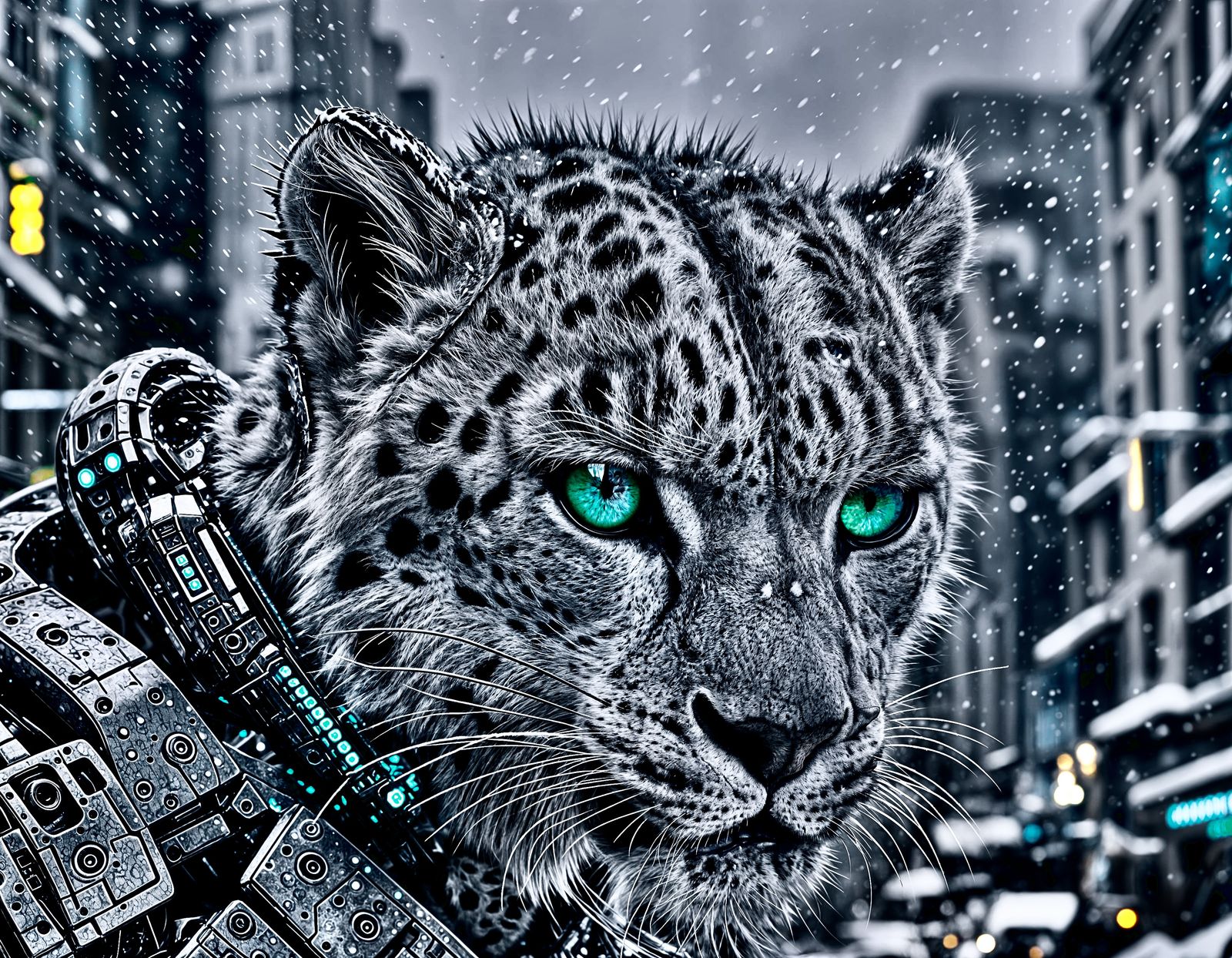 Snow leopard cyborg in the city