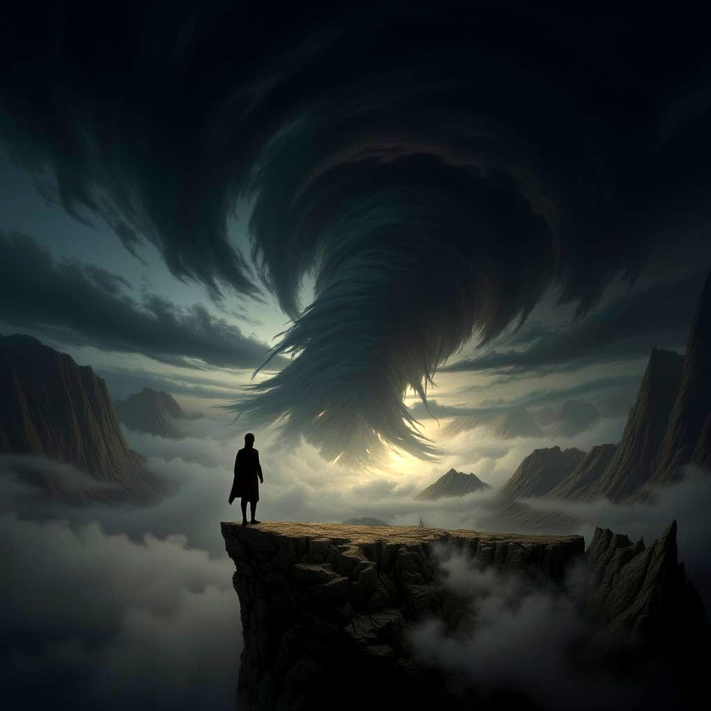 A lone figure stands on the edge of a dizzyingly high cliff, gazing down at a swirling vortex of clouds and mist below. The cliff face is ja...