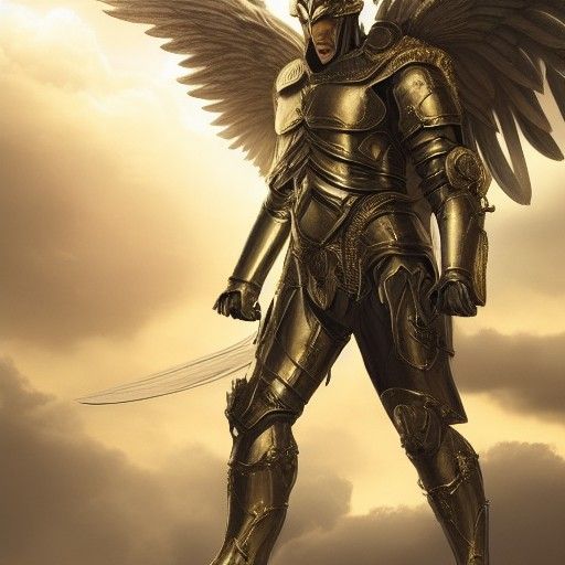 Archangel flying benevolent beautiful clouds golden armor shield angel ...