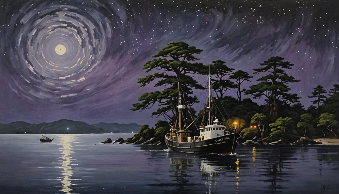 oil on canvas :: rickety fishing trawler in the middle of smooth water :: Japanese trees line the coast on one side :: full moon :: starry n...