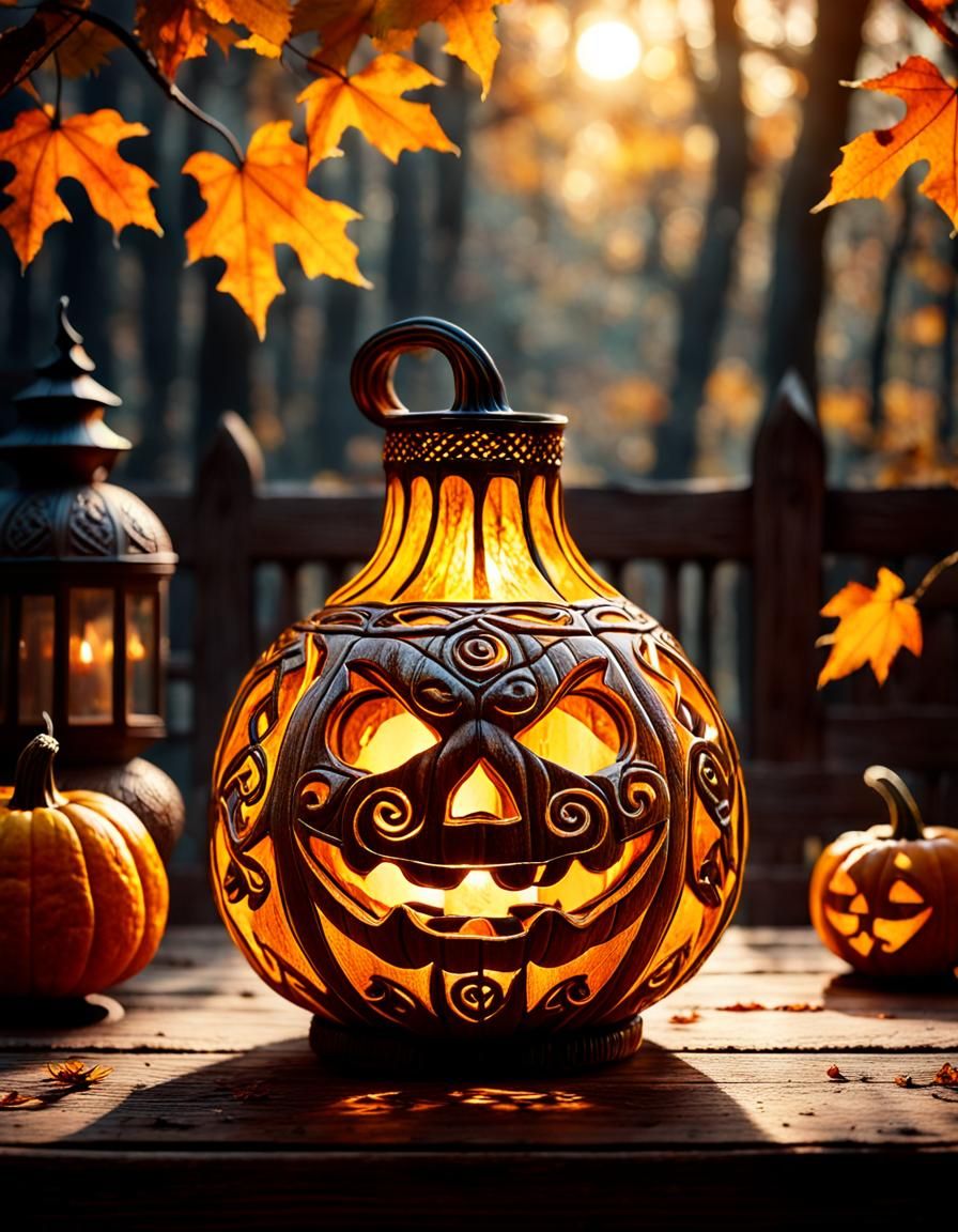 A glass gourd with an intricately detailed celtic jack-o-lantern, motif carved into it , Halloween, orange ...  by @XLR-222