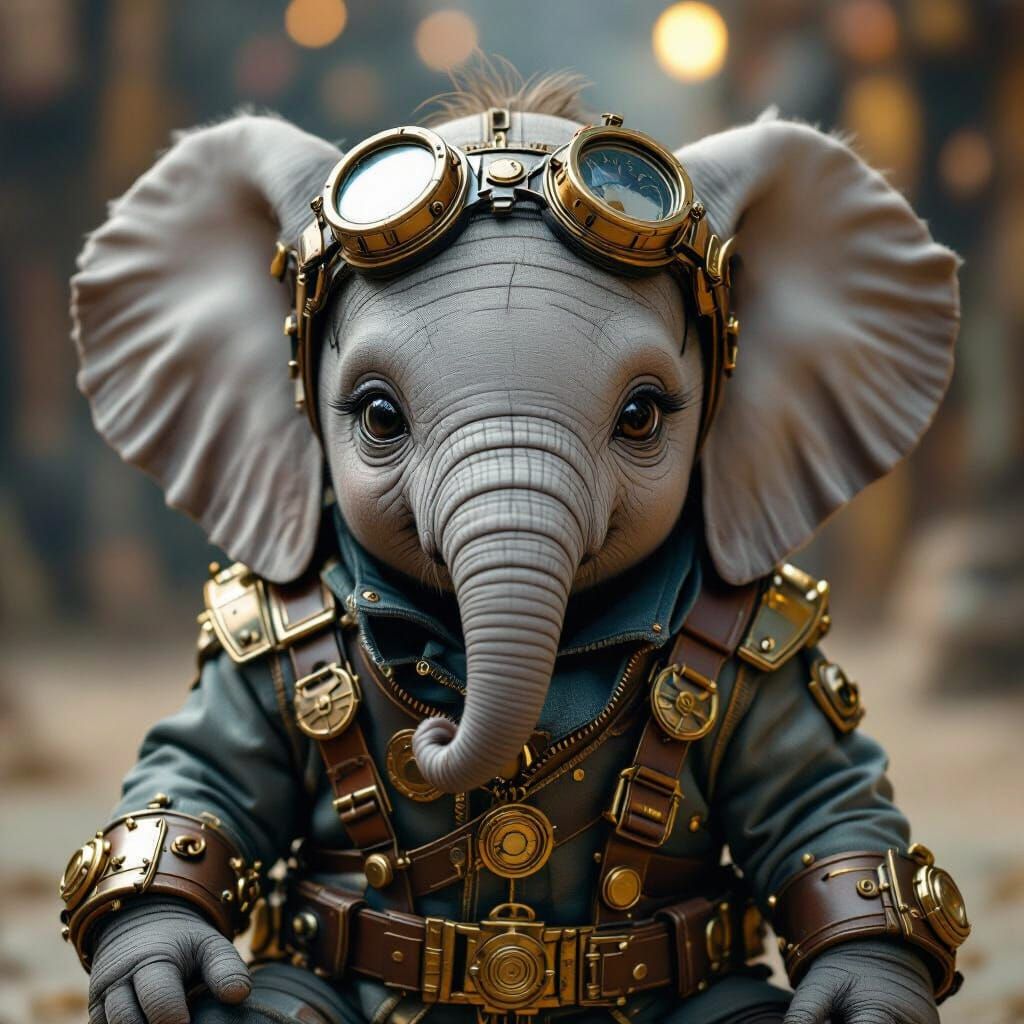 A hyperrealistic steam punk baby elephant character in a steam punk outfit