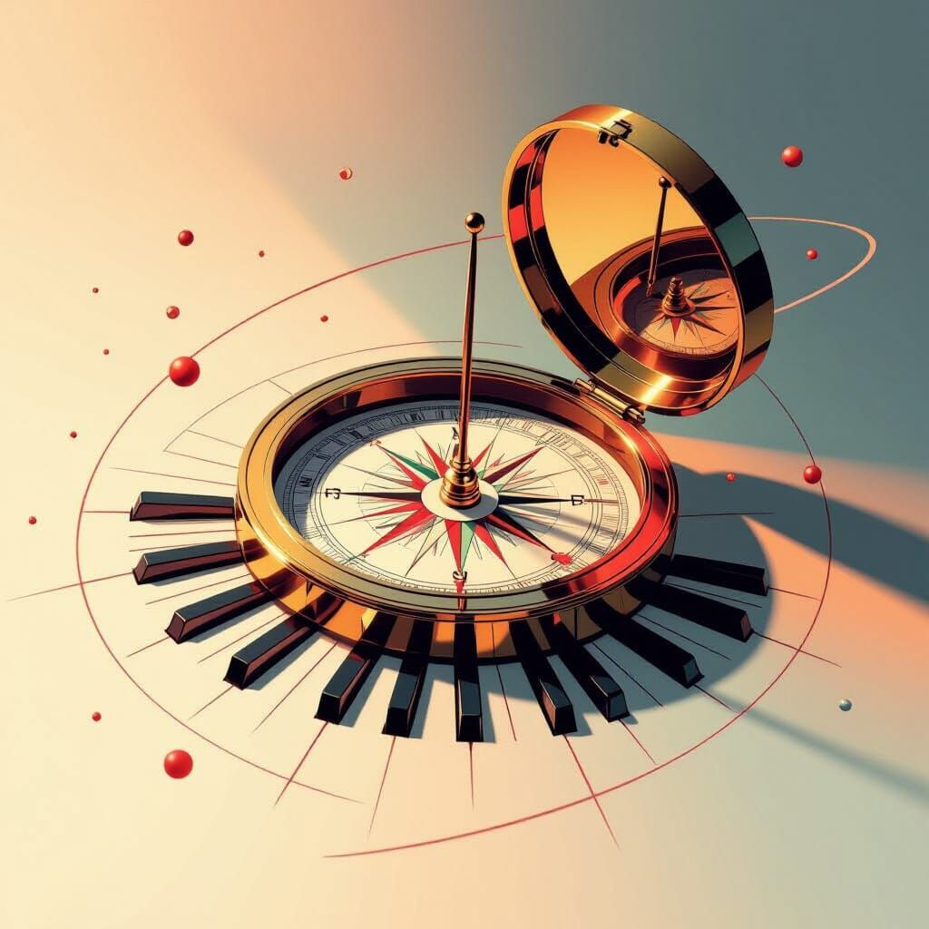 Floating Compass with Piano Key Shadow: Abstract Art