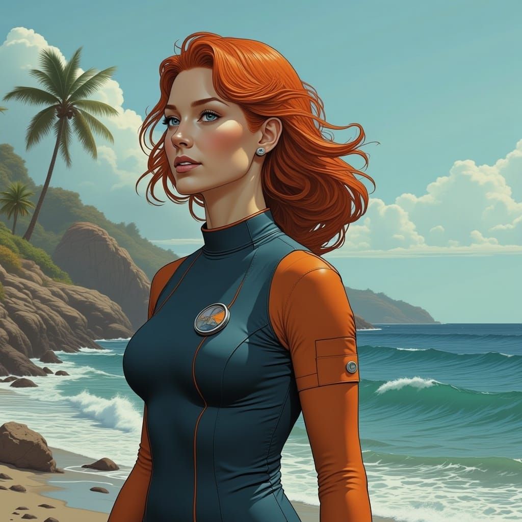 <lora:Nostalgic IosC64 II:1.0> Retrofutrurism - Beautiful red haired Female Marine Biologist in Research uniform and wetsuit, On coastal, Sp...