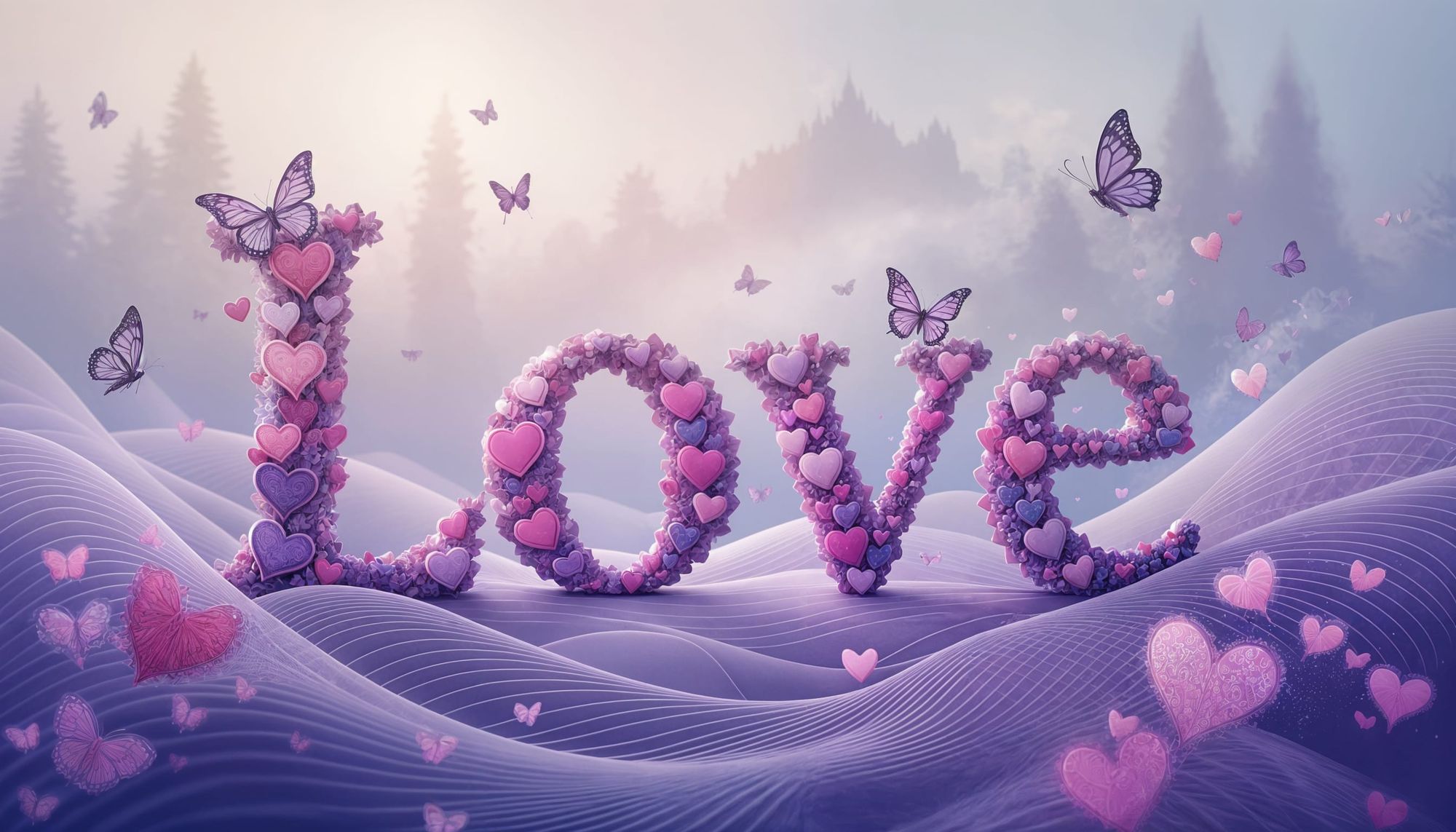 Love Spelled out in Pink and Purple hues of clouds surrounded by Butterflies - Start Image 1